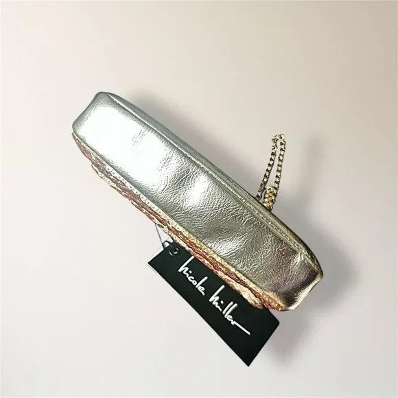 Nicole Miller Gold Sequin‎ Crossbody Bag Convertible Clutch Chain Holiday Party - Picture 7 of 12